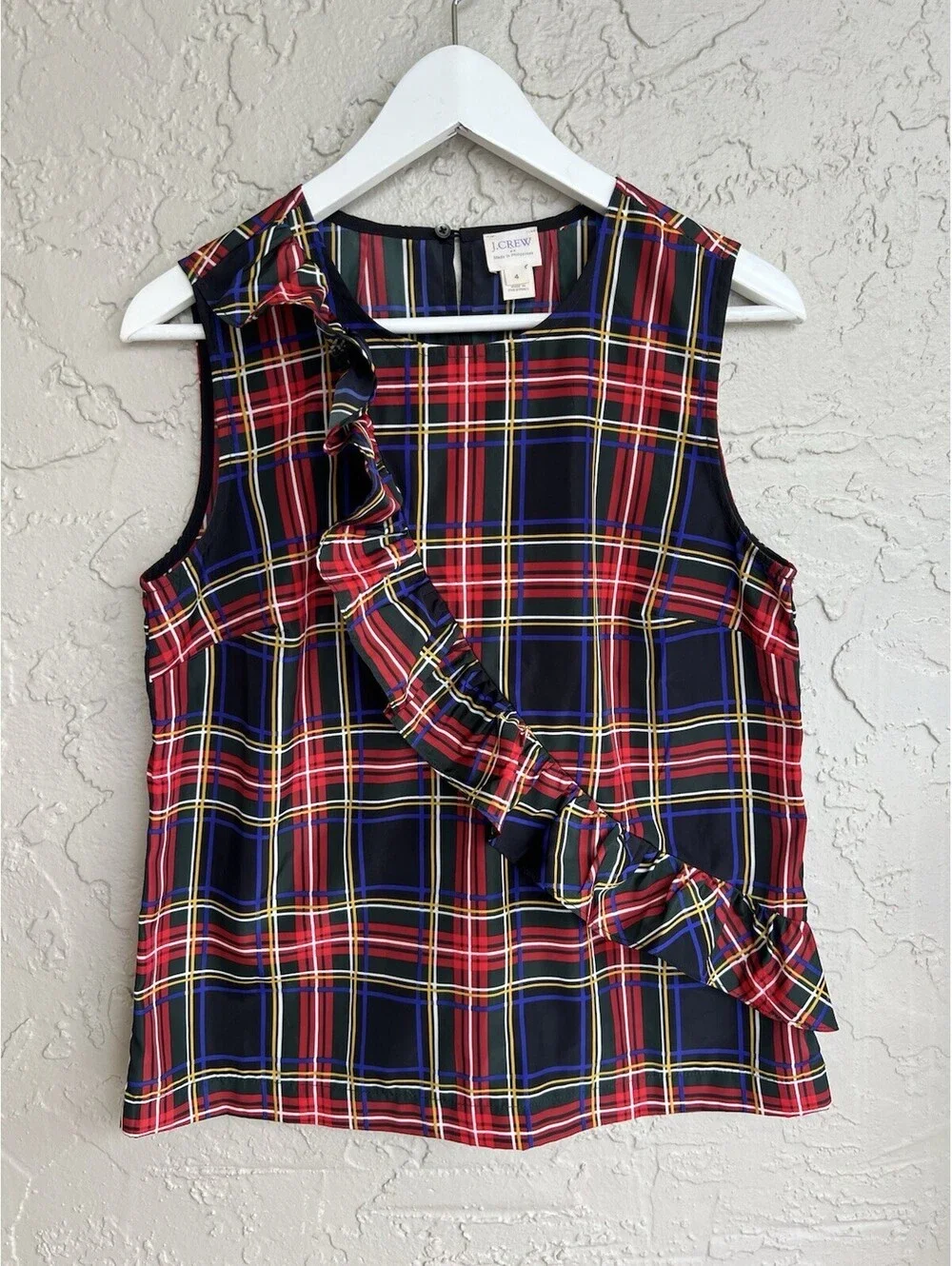 J Crew Plaid Tartan Sleeveless Blouse Ruffle Holiday Stewart Academia Top 4.